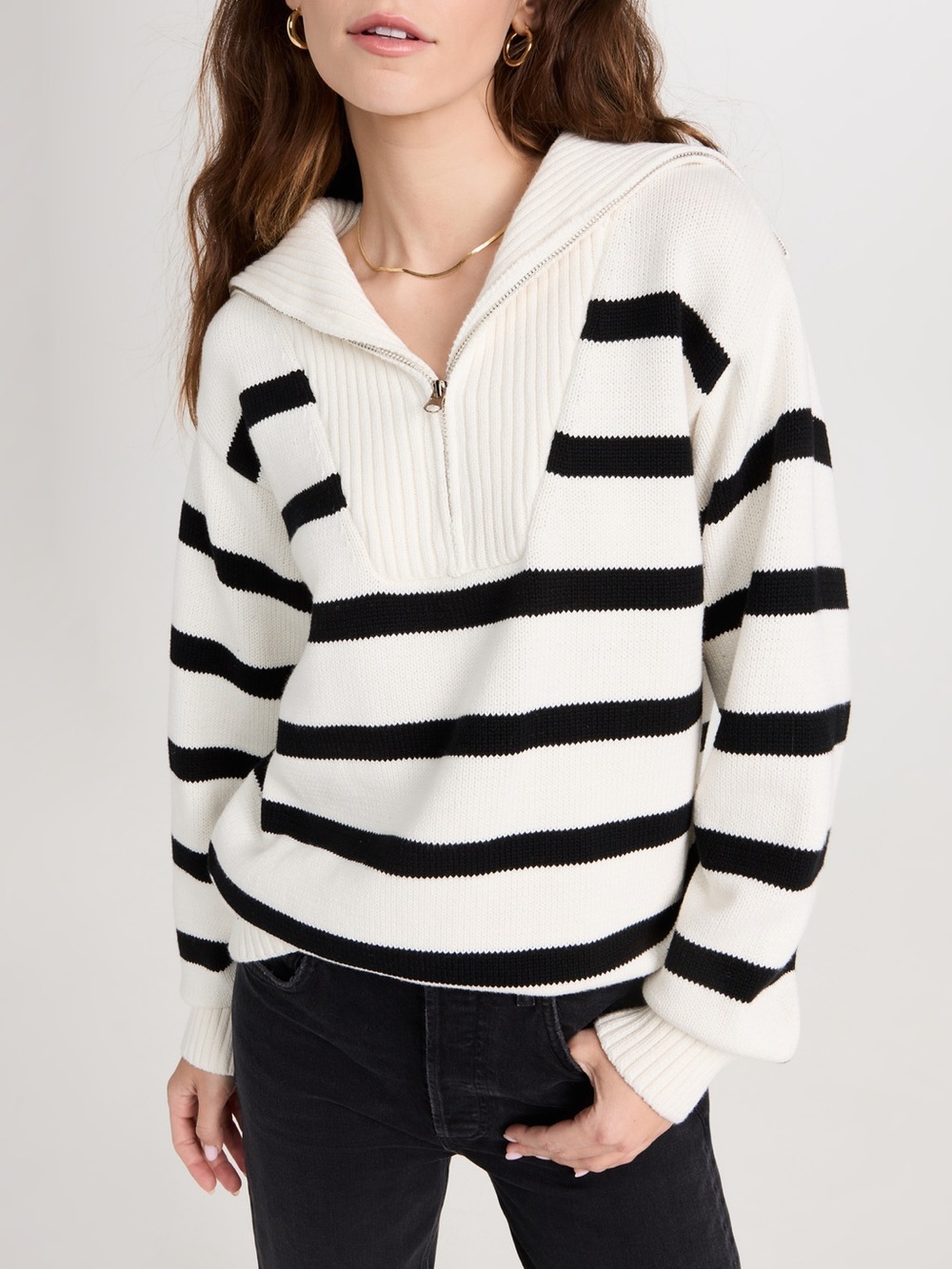 english factory white striped knit zip pullover